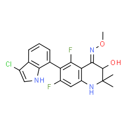 ChemSpider 2D Image | (4Z)-6-(3-Chloro-1H-indol-7-yl)-5,7-difluoro-4-(methoxyimino)-2,2-dimethyl-1,2,3,4-tetrahydro-3-quinolinol | C20H18ClF2N3O2