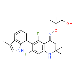 ChemSpider 2D Image | 2-({(E)-[5,7-Difluoro-2,2-dimethyl-6-(3-methyl-1H-indol-7-yl)-2,3-dihydro-4(1H)-quinolinylidene]amino}oxy)-2-methyl-1-propanol | C24H27F2N3O2