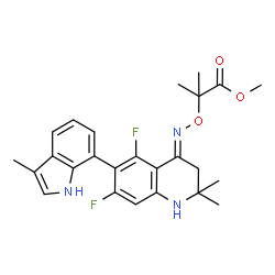 ChemSpider 2D Image | Methyl 2-({(E)-[5,7-difluoro-2,2-dimethyl-6-(3-methyl-1H-indol-7-yl)-2,3-dihydro-4(1H)-quinolinylidene]amino}oxy)-2-methylpropanoate | C25H27F2N3O3