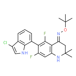 ChemSpider 2D Image | (4E)-6-(3-Chloro-1H-indol-7-yl)-5,7-difluoro-2,2-dimethyl-N-[(2-methyl-2-propanyl)oxy]-2,3-dihydro-4(1H)-quinolinimine | C23H24ClF2N3O