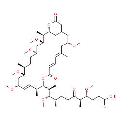ChemSpider 2D Image | (4R,5R,9S,10S,11S)-4,10-Dimethoxy-5,9-dimethyl-6-oxo-11-[(3R,5E,7E,11S,12S,13E,15R,17S,18S,19E,21S,23S,24R,25R)-3,15,17,21,23-pentamethoxy-5,12,18,24-tetramethyl-9,27-dioxo-10,26-dioxabicyclo[23.3.1]n
onacosa-1(28),5,7,13,19-pentaen-11-yl]dodecanoic acid | C52H84O14