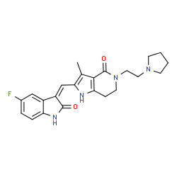ChemSpider 2D Image | 2-[(Z)-(5-Fluoro-2-oxo-1,2-dihydro-3H-indol-3-ylidene)methyl]-3-methyl-5-[2-(1-pyrrolidinyl)ethyl]-1,5,6,7-tetrahydro-4H-pyrrolo[3,2-c]pyridin-4-one | C23H25FN4O2