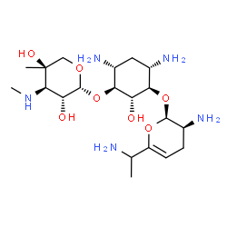 ChemSpider 2D Image | (1S,2S,3R,4S,6R)-4,6-Diamino-3-{[(2R,3S)-3-amino-6-(1-aminoethyl)-3,4-dihydro-2H-pyran-2-yl]oxy}-2-hydroxycyclohexyl 3-deoxy-4-C-methyl-3-(methylamino)-beta-L-arabinopyranoside | C20H39N5O7