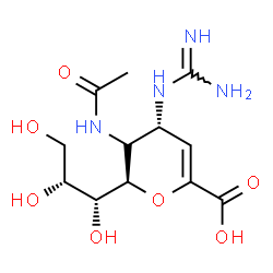 ChemSpider 2D Image | (5xi,6R)-5-Acetamido-2,6-anhydro-4-carbamimidamido-3,4,5-trideoxy-6-[(1R,2R)-1,2,3-trihydroxypropyl]-L-glycero-hex-2-enonic acid | C12H20N4O7
