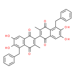 ChemSpider 2D Image | 5,5'-Dibenzyl-6,6',7,7'-tetrahydroxy-3,3'-dimethyl-2,2'-binaphthalene-1,1',4,4'-tetrone | C36H26O8