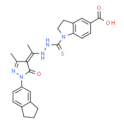 ChemSpider 2D Image | 1-[(2-{(1Z)-1-[1-(2,3-Dihydro-1H-inden-5-yl)-3-methyl-5-oxo-1,5-dihydro-4H-pyrazol-4-ylidene]ethyl}hydrazino)carbonothioyl]-5-indolinecarboxylic acid | C25H25N5O3S