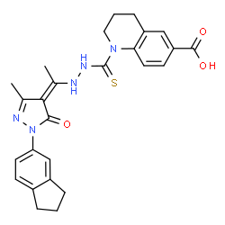 ChemSpider 2D Image | 1-[(2-{(1Z)-1-[1-(2,3-Dihydro-1H-inden-5-yl)-3-methyl-5-oxo-1,5-dihydro-4H-pyrazol-4-ylidene]ethyl}hydrazino)carbonothioyl]-1,2,3,4-tetrahydro-6-quinolinecarboxylic acid | C26H27N5O3S