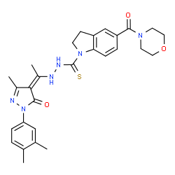ChemSpider 2D Image | N'-{(1Z)-1-[1-(3,4-Dimethylphenyl)-3-methyl-5-oxo-1,5-dihydro-4H-pyrazol-4-ylidene]ethyl}-5-(4-morpholinylcarbonyl)-1-indolinecarbothiohydrazide | C28H32N6O3S