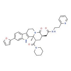 ChemSpider 2D Image | 2-[(1S,3R,12bS)-10-(2-Furyl)-12b-methyl-4-oxo-1-(1-piperidinylcarbonyl)-1,2,3,4,6,7,12,12b-octahydroindolo[2,3-a]quinolizin-3-yl]-N-[2-(2-pyridinyl)ethyl]acetamide | C35H39N5O4