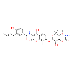 ChemSpider 2D Image | (3R,4S,5R)-5-Hydroxy-6-[(4-hydroxy-3-{[4-hydroxy-3-(3-methyl-2-buten-1-yl)benzoyl]amino}-8-methyl-2-oxo-2H-chromen-7-yl)oxy]-3-methoxy-2,2-dimethyltetrahydro-2H-pyran-4-yl carbamate (non-preferred nam
e) | C31H36N2O11