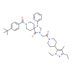 ChemSpider 2D Image | 3-{2-[4-(1,3-Diethyl-4-methyl-1H-pyrazol-5-yl)-1-piperidinyl]-2-oxoethyl}-8-[4-(2-methyl-2-propanyl)benzoyl]-1-phenyl-1,3,8-triazaspiro[4.5]decan-4-one | C39H52N6O3