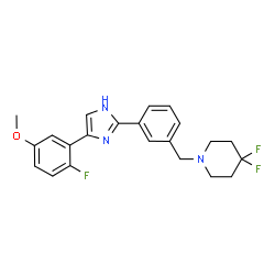 ChemSpider 2D Image | 4,4-Difluoro-1-{3-[4-(2-fluoro-5-methoxyphenyl)-1H-imidazol-2-yl]benzyl}piperidine | C22H22F3N3O
