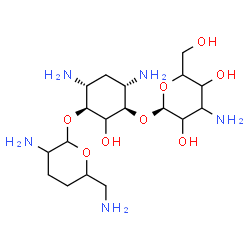 ChemSpider 2D Image | (1S,3R,4S,6R)-4,6-Diamino-3-{[(1S)-3-amino-3-deoxyhexopyranosyl]oxy}-2-hydroxycyclohexyl 2,6-diamino-2,3,4,6-tetradeoxyhexopyranoside | C18H37N5O8
