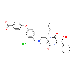 ChemSpider 2D Image | 4-[4-({(3R)-1-Butyl-3-[(S)-cyclohexyl(hydroxy)methyl]-2,5-dioxo-1,4,9-triazaspiro[5.5]undec-9-yl}methyl)phenoxy]benzoic acid hydrochloride (1:1) | C33H44ClN3O6