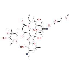ChemSpider 2D Image | (10Z)-6-{[4-(Dimethylamino)-3-hydroxy-6-methyltetrahydro-2H-pyran-2-yl]oxy}-14-ethyl-7,12,13-trihydroxy-4-[(5-hydroxy-4-methoxy-4,6-dimethyltetrahydro-2H-pyran-2-yl)oxy]-10-{[(2-methoxyethoxy)methoxy]
imino}-3,5,7,9,11,13-hexamethyloxacyclotetradecan-2-one | C41H76N2O15