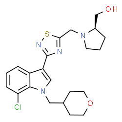ChemSpider 2D Image | [(2R)-1-({3-[7-Chloro-1-(tetrahydro-2H-pyran-4-ylmethyl)-1H-indol-3-yl]-1,2,4-thiadiazol-5-yl}methyl)-2-pyrrolidinyl]methanol | C22H27ClN4O2S