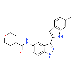 ChemSpider 2D Image | N-[3-(6-Methyl-1H-indol-2-yl)-1H-indazol-5-yl]tetrahydro-2H-pyran-4-carboxamide | C22H22N4O2