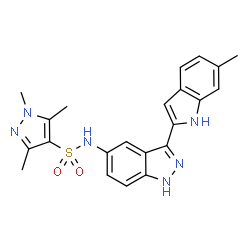 ChemSpider 2D Image | 1,3,5-Trimethyl-N-[3-(6-methyl-1H-indol-2-yl)-1H-indazol-5-yl]-1H-pyrazole-4-sulfonamide | C22H22N6O2S