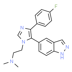 ChemSpider 2D Image | 2-[4-(4-Fluorophenyl)-5-(1H-indazol-5-yl)-1H-imidazol-1-yl]-N,N-dimethylethanamine | C20H20FN5