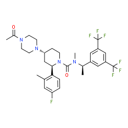 ChemSpider 2D Image | (2R,4R)-4-(4-Acetyl-1-piperazinyl)-N-{(1R)-1-[3,5-bis(trifluoromethyl)phenyl]ethyl}-2-(4-fluoro-2-methylphenyl)-N-methyl-1-piperidinecarboxamide | C30H35F7N4O2
