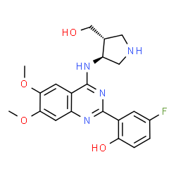 ChemSpider 2D Image | 4-Fluoro-2-(4-{[(3S,4R)-4-(hydroxymethyl)-3-pyrrolidinyl]amino}-6,7-dimethoxy-2-quinazolinyl)phenol | C21H23FN4O4