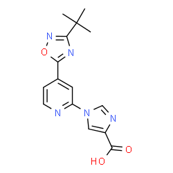 ChemSpider 2D Image | 1-{4-[3-(2-Methyl-2-propanyl)-1,2,4-oxadiazol-5-yl]-2-pyridinyl}-1H-imidazole-4-carboxylic acid | C15H15N5O3