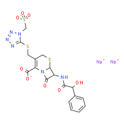ChemSpider 2D Image | Disodium 7-{[hydroxy(phenyl)acetyl]amino}-8-oxo-3-({[1-(sulfonatomethyl)-1H-tetrazol-5-yl]sulfanyl}methyl)-5-thia-1-azabicyclo[4.2.0]oct-2-ene-2-carboxylate | C18H16N6Na2O8S3