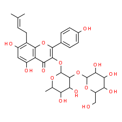 ChemSpider 2D Image | 5,7-Dihydroxy-2-(4-hydroxyphenyl)-8-(3-methyl-2-buten-1-yl)-4-oxo-4H-chromen-3-yl 6-deoxy-2-O-hexopyranosylhexopyranoside | C32H38O15