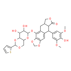 ChemSpider 2D Image | 9-(4-Hydroxy-3,5-dimethoxyphenyl)-8-oxo-5,5a,6,8,8a,9-hexahydrofuro[3',4':6,7]naphtho[2,3-d][1,3]dioxol-4-yl 4,6-O-(2-thienylmethylene)hexopyranoside | C32H32O13S