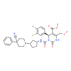 ChemSpider 2D Image | Methyl (4S)-3-{[(1R,3S)-3-(4-cyano-4-phenyl-1-piperidinyl)cyclopentyl]carbamoyl}-4-(3,4-difluorophenyl)-6-(methoxymethyl)-2-oxo-1,2,3,4-tetrahydro-5-pyrimidinecarboxylate | C32H35F2N5O5