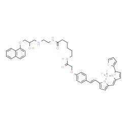 ChemSpider 2D Image | Difluoro{N-(2-{[2-hydroxy-3-(1-naphthyloxy)propyl]amino}ethyl)-6-[({4-[(E)-2-(5-{[5-(2-thienyl)-2H-pyrrol-2-ylidene-kappaN]methyl}-1H-pyrrol-2-yl-kappaN)vinyl]phenoxy}acetyl)amino]hexanamidato}boron | C44H46BF2N5O5S
