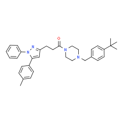 ChemSpider 2D Image | 3-[5-(4-Methylphenyl)-1-phenyl-1H-pyrazol-3-yl]-1-{4-[4-(2-methyl-2-propanyl)benzyl]-1-piperazinyl}-1-propanone | C34H40N4O