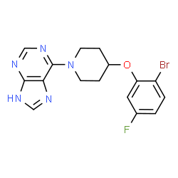 ChemSpider 2D Image | 6-[4-(2-Bromo-5-fluorophenoxy)-1-piperidinyl]-1H-purine | C16H15BrFN5O