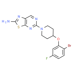 ChemSpider 2D Image | 5-[4-(2-Bromo-5-fluorophenoxy)-1-piperidinyl][1,3]thiazolo[5,4-d]pyrimidin-2-amine | C16H15BrFN5OS
