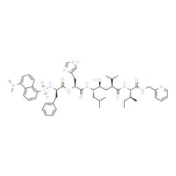 ChemSpider 2D Image | N-{[5-(Dimethylamino)-1-naphthyl]sulfonyl}-D-phenylalanyl-N-[(4S,5S,7S)-5-hydroxy-2,8-dimethyl-7-({(2S,3S)-3-methyl-1-oxo-1-[(2-pyridinylmethyl)amino]-2-pentanyl}carbamoyl)-4-nonanyl]-L-histidinamide | C51H69N9O7S