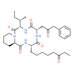 ChemSpider 2D Image | (3S,6S,9S,15aR)-9-[(2S)-2-Butanyl]-3-(6-oxooctyl)-6-(2-oxo-3-phenylpropyl)octahydro-2H-pyrido[1,2-a][1,4,7,10]tetraazacyclododecine-1,4,7,10(3H,12H)-tetrone | C33H48N4O6