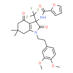 ChemSpider 2D Image | N-{1-[2-(3,4-Dimethoxyphenyl)ethyl]-6,6-dimethyl-2,4-dioxo-3-(trifluoromethyl)-2,3,4,5,6,7-hexahydro-1H-indol-3-yl}-2-furamide | C26H27F3N2O6