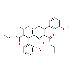 ChemSpider 2D Image | Diethyl 4-(2-methoxyphenyl)-7-(3-methoxyphenyl)-2-methyl-5-oxo-1,4,5,6,7,8-hexahydro-3,6-quinolinedicarboxylate | C30H33NO7