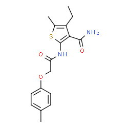 ChemSpider 2D Image | 4-Ethyl-5-methyl-2-{[(4-methylphenoxy)acetyl]amino}-3-thiophenecarboxamide | C17H20N2O3S