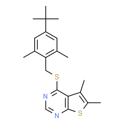 ChemSpider 2D Image | 4-{[2,6-Dimethyl-4-(2-methyl-2-propanyl)benzyl]sulfanyl}-5,6-dimethylthieno[2,3-d]pyrimidine | C21H26N2S2