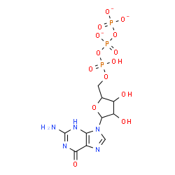 ChemSpider 2D Image | 2-Amino-9-[5-O-(hydroxy{[(phosphonatooxy)phosphinato]oxy}phosphoryl)pentofuranosyl]-3,9-dihydro-6H-purin-6-one | C10H13N5O14P3
