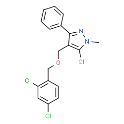 ChemSpider 2D Image | 5-Chloro-4-{[(2,4-dichlorobenzyl)oxy]methyl}-1-methyl-3-phenyl-1H-pyrazole | C18H15Cl3N2O