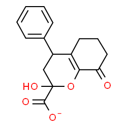 ChemSpider 2D Image | 2-Hydroxy-8-oxo-4-phenyl-3,4,5,6,7,8-hexahydro-2H-chromene-2-carboxylate | C16H15O5