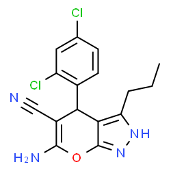 ChemSpider 2D Image | 6-Amino-4-(2,4-dichlorophenyl)-3-propyl-2,4-dihydropyrano[2,3-c]pyrazole-5-carbonitrile | C16H14Cl2N4O
