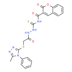 ChemSpider 2D Image | N-[(2-{[(5-Methyl-4-phenyl-4H-1,2,4-triazol-3-yl)sulfanyl]acetyl}hydrazino)carbothioyl]-2-oxo-2H-chromene-3-carboxamide | C22H18N6O4S2