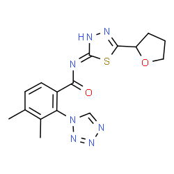 ChemSpider 2D Image | 3,4-Dimethyl-N-[5-(tetrahydro-2-furanyl)-1,3,4-thiadiazol-2-yl]-2-(1H-tetrazol-1-yl)benzamide | C16H17N7O2S