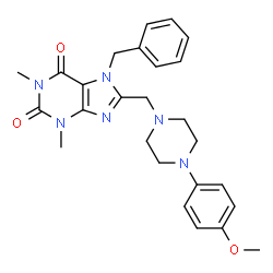 ChemSpider 2D Image | 7-Benzyl-8-{[4-(4-methoxyphenyl)-1-piperazinyl]methyl}-1,3-dimethyl-3,7-dihydro-1H-purine-2,6-dione | C26H30N6O3