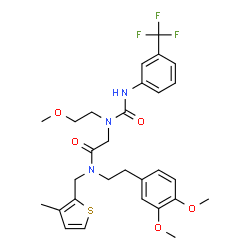 ChemSpider 2D Image | N-[2-(3,4-Dimethoxyphenyl)ethyl]-N~2~-(2-methoxyethyl)-N-[(3-methyl-2-thienyl)methyl]-N~2~-{[3-(trifluoromethyl)phenyl]carbamoyl}glycinamide | C29H34F3N3O5S