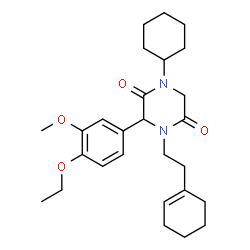 ChemSpider 2D Image | 4-[2-(1-Cyclohexen-1-yl)ethyl]-1-cyclohexyl-3-(4-ethoxy-3-methoxyphenyl)-2,5-piperazinedione | C27H38N2O4