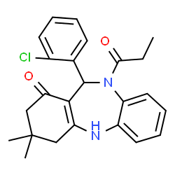 ChemSpider 2D Image | 11-(2-Chlorophenyl)-3,3-dimethyl-10-propionyl-2,3,4,5,10,11-hexahydro-1H-dibenzo[b,e][1,4]diazepin-1-one | C24H25ClN2O2